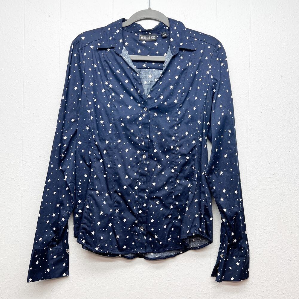 7th Avenue Womens Star Print Shirt Large Cotton Stretch Office Career Celestial